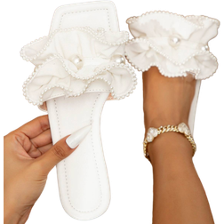 Shein Women Ruffle & Faux Pearls Decor Slide Sandals, Fashion Summer Flat Sandals