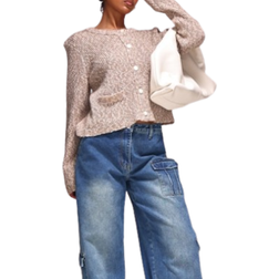 PrettyLittleThing Mocha Marl Textured Bobble Knit Button Up Pocket Detail Cardigan, Brown