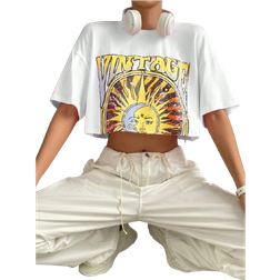 Shein Sun Letter Graphic Drop Shoulder Crop Tee
