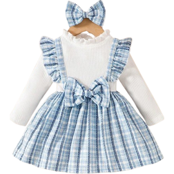 Shein Baby Girls' Long Sleeve Patchwork Dress - Blue Plaid/White