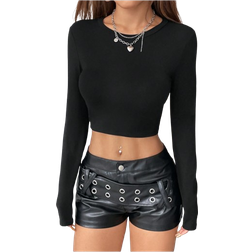 Shein Solid Color Long Sleeve Chinese Dragon Net Mesh Backless YK Going Out Fall Graphics Woman Black TShirt