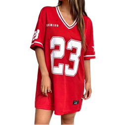Shein Casual Sports Game Letter Number Graphic Red Loose VNeck Short Sleeve TShirt Dress For Summer