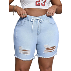 Shein Große Größen Einfarbige zerrissene Denim-Shorts mit Fransen-Kanten und Taschen für den lässigen Sommer