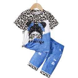 Shein Young Girl Cool Leopard Print Short Sleeve TShirt And Faux Denim Leggings Set For Concerts