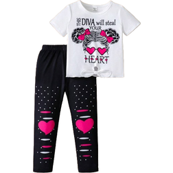 Shein Young Girls Valentines Day Cartoon Character Pattern Printed Short Sleeve TShirt Long Pants Set Suitable For Autumn