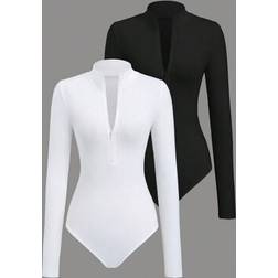 Shein Flirla 2pcs Mock Neck Zip-Front Long Sleeve Bodysuit - White/Black
