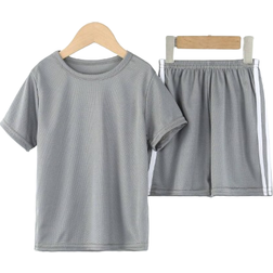 Shein 2pcs/Set Young Boys' Short Sleeve T-Shirt And Shorts Set, Breathable Mesh Athletic Outfit