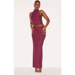 PrettyLittleThing Wine Soft Touch Ruched Maxi Skirt - Red