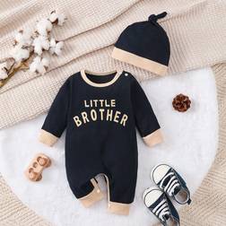 Shein Baby Boy Letter Graphic Contrast Trim Jumpsuit & Hat