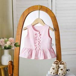 Shein Infant Baby Girl Sleeveless Casual Elegant Everyday Bow Blouse - Pink/White