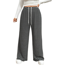 Shein Plus Women Drawstring Waist Wide Leg Loose Casual Striped Pants