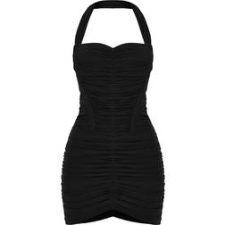 PrettyLittleThing Black Mesh Extreme Ruched Corset Halter Bodycon Dress, Black