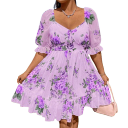 Shein Plus Elegant Vacation Dress With Flower Print Mauve Purple 0XL,1XL,2XL,3XL,4XL