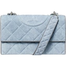 Tory Burch Fleming Denim-Print Suede Shoulder Bag - Medium Wash Denim