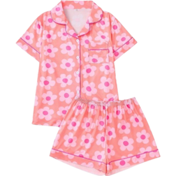 Shein Floral Print Ladies Pajama Set Short Sleeve Lapel Cardigan Shirt And Loose Elastic Shorts Casual Sleepwear And Loungewear For Women All Seasons