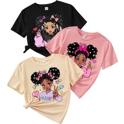 Shein Tween Girl Casual Simple Cartoon Printed TShirt pcsSet Black Pink Apricot Suitable For Summer
