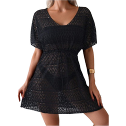 Shein Womens Solid Color Drawstring Waist Hollow Out SeeThrough CoverUp Dress Ideal For Vacation Beach And Swimming PoolSummer Beach
