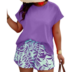 Shein Plus Casual Solid Batwing Blouse Random Print Shorts pcs Set