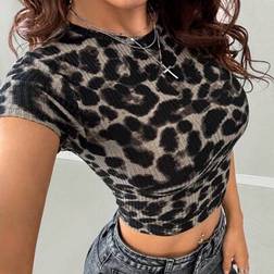 Shein Women's Spring/Winter Y2K Casual Cable-Knit Pattern Leopard Print Mini T-Shirt - Spring/Winter