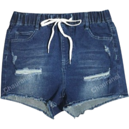 Shein Womens Elastic Waist Drawstring Distressed Denim Shorts With Pockets