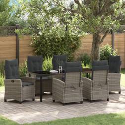 vidaXL 7-teiliges Gartendining-Set mit Kissen Grau Poly Rattan Essgruppe