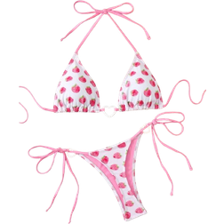 Shein Womens Summer Beach Strawberry Printed Triangle Top Halter Neck Bikini Set