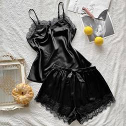 Shein Eyelash Lace Satin Cami PJ Set - Pajama Set