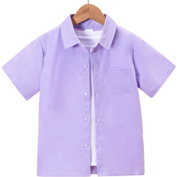 Shein Tween Boy Classic Casual College Style Purple Short Sleeve Shirt With Pockets Formal EventsPartiesPerformances Formal Shirt White TShirt Not Included