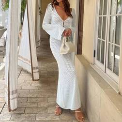 Shein Women's Long Sleeve Hollow-Out Swimsuit Cover-Up - Elegant Boho Beach Vacation Style