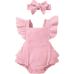 Shein Baby Girl Soft Comfortable And Cute Ruffled Bodysuit With Headband Set Perfect For Summer Casual Vacation And Party