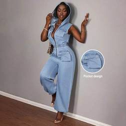 Shein Women's Denim Overalls Jumpsuits Slim Fit Hooded Overalls - Blue Street