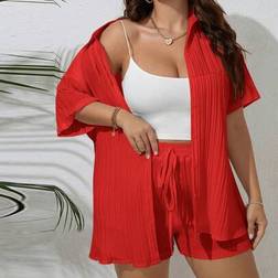 Shein Frauen Große Größen Set Aus Einfarbigem Hemd Mit Kurzen Ärmeln Und Knopfleiste Und Shorts - Lässig