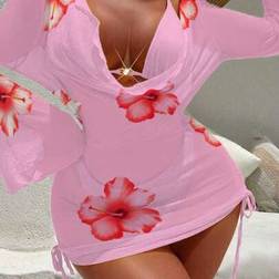 Shein Plus Size 3st Badkläder Set Beach Resort Vår Sommar Ny Cruise Spa Grimma Blommig Mesh Pearl Button - Rosa