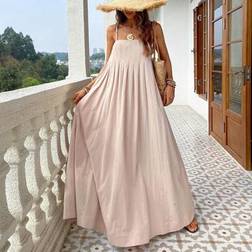 Shein Damen Frühling Sommer Leinen Boho Kleid Ärmelloses Kleid - Einfarbig