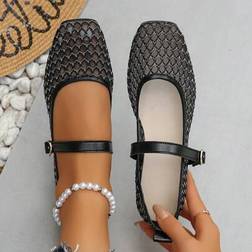 Shein Summer Fashion Versatile Mary Jane Black Hollow Circle Mesh Breathable Lady Flat Shoes - Black