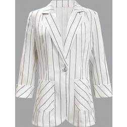 Shein Damen Frühling Sommer Nadelstreifen Lässig Blazer Knopf Dreiviertel Ärmeln