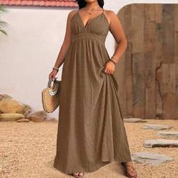 Shein Damen Große Größen Sommer Einfarbiges Strukturiertes Neckholder Rückenfreies Kleid - Strand/Urlaub
