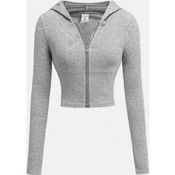 Shein Teen Girls Plain Rib Knit Hooded Cardigan Jacket With Zipper - Slim Fit