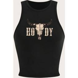 Shein Plus Size Women Crop Top With Western Bull Head Pattern - Sexy Casual