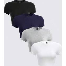 Shein Women Solid Color Knitted Round Neck Short Sleeve Slim Fit Cropped T-Shirts