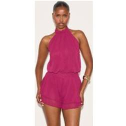 PrettyLittleThing Chiffon High Neck Drop Waist Playsuit - Dark Plum