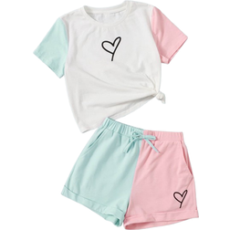 Shein Girls Heart Print Colorblock Tee & Knot Front Shorts