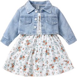 Shein Baby Flap Pocket Denim Jacket & Floral Print Ruffle Hem Cami Dress