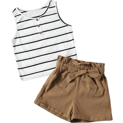 Shein Girls Striped Tank Top & Paperbag Waist Belted Shorts Set