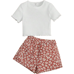 Shein Toddler Girls Lettuce Trim Tee & Floral Print Shorts