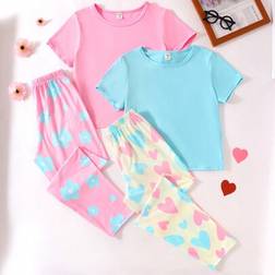 Shein Casual Floral Heart Pattern Long Pants Solid Color Short Sleeve Top Pajama Set