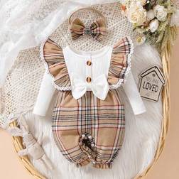 Shein Baby Girls Casual Round Neck Plaid Long Sleeve Jumpsuit With Headband - Spring/Autumn