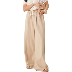 Stradivarius Wide Leg Linen Trousers - Stone