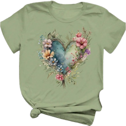 Shein Casual Short Sleeve TShirt With Heart Flower Pattern And Round Neck