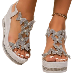 Shein Womens High Heel Wedge Sandals New Style Waterproof Platform Fashionable Butterfly Decoration Rhinestones Popular Among Girls
